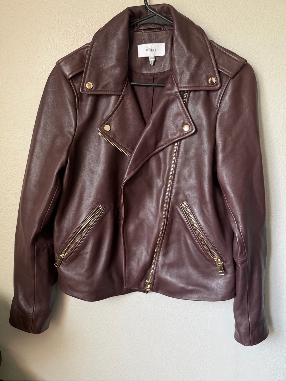Reiss Women's Burgundy Moto Leather Jacket Size 8 Going out Fall Jacket